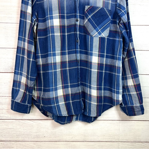 Current/Elliott Blue White Yellow Red Plaid Flannel Button Down Shirt Womens 1 - Picture 5 of 10